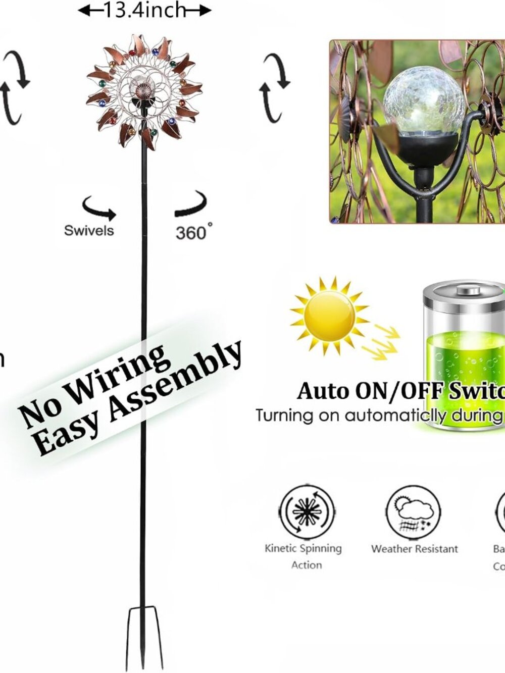 Solar Wind Spinner Multi-Color LED Lighting by Solar Powered Glass Ball with Kin - Picture 2 of 6